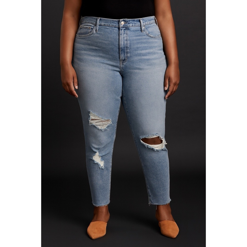 Good American Jeans Sz 16 Distressed Skinny Raw Hem‎ Light Wash High Waist Denim